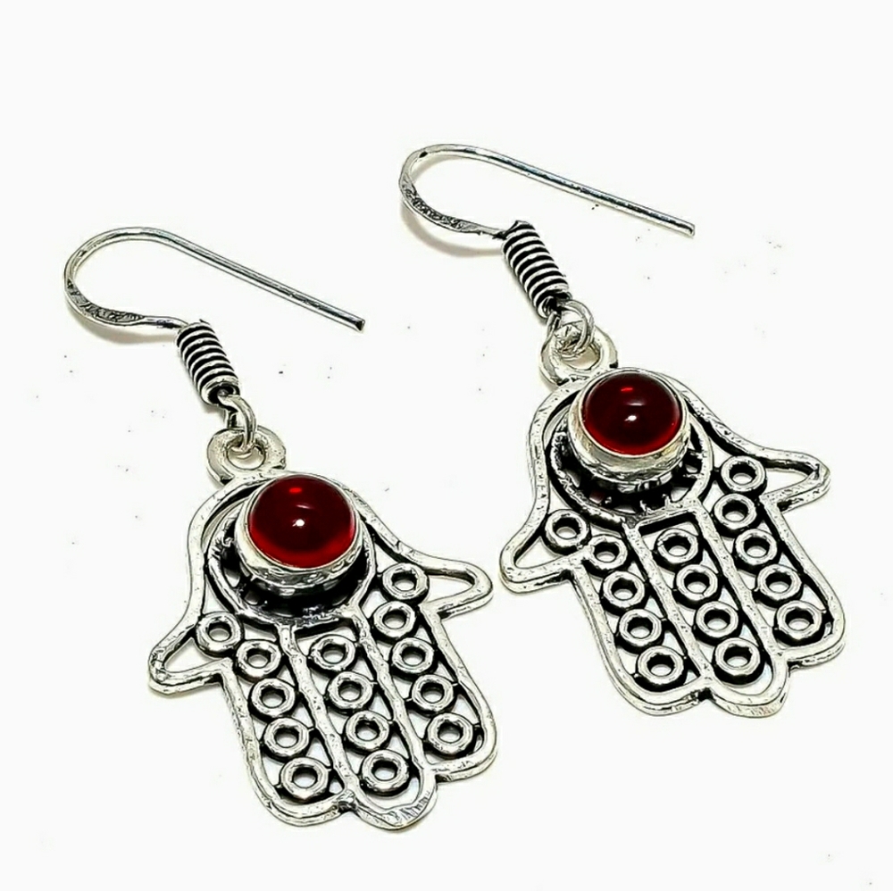 Handmade GARNET HAMSA God hand earrings Sterling Silver